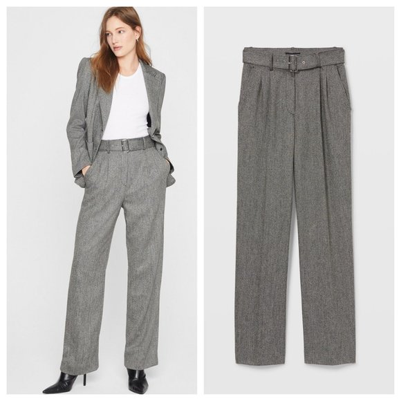 Club Monaco Belted Herringbone Wool-blend Wide Leg Pants - Picture 2 of 5